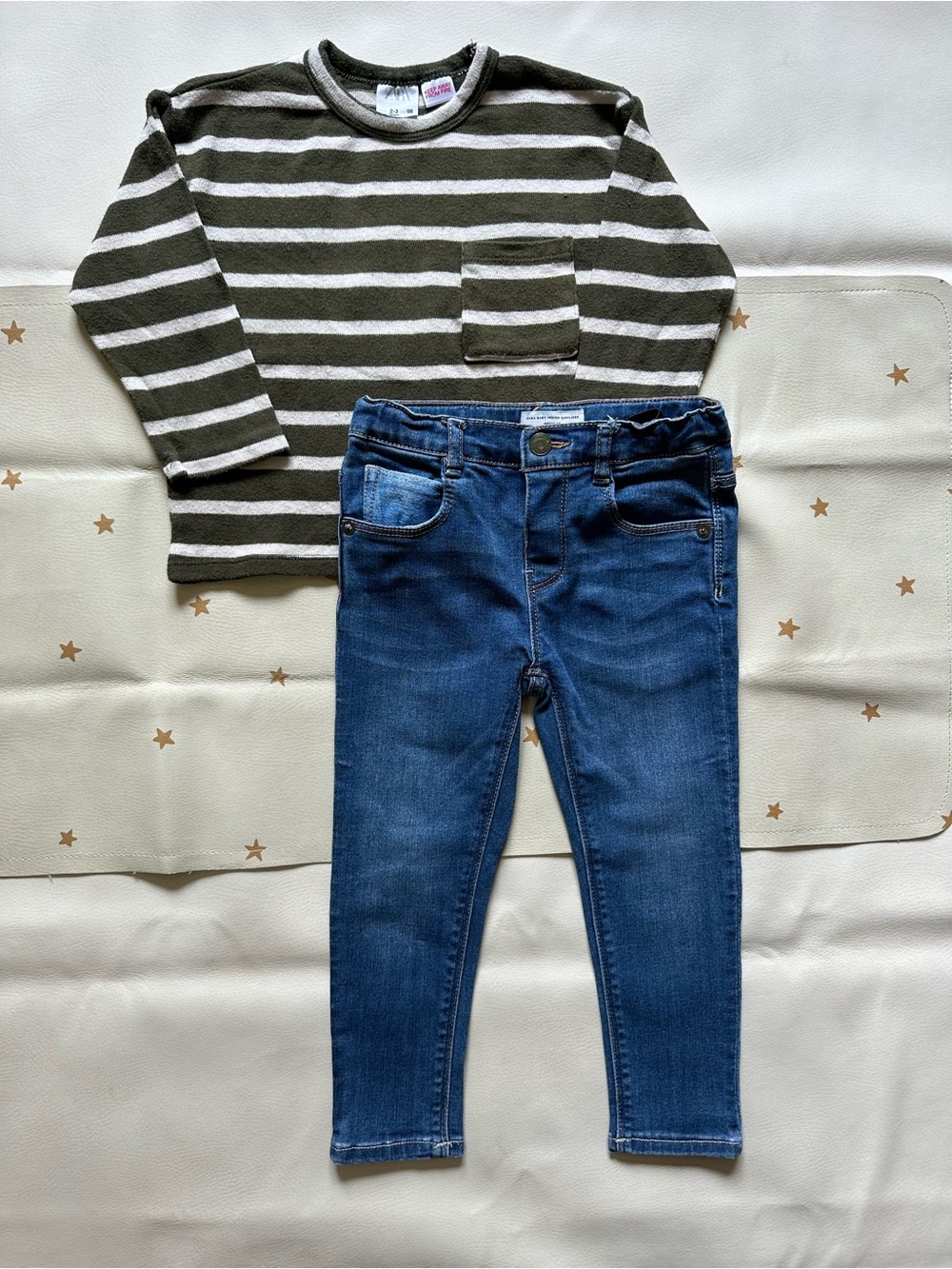 2/3 Zara Olive Cotton Stripe Knit Sweater & Blue Jeans